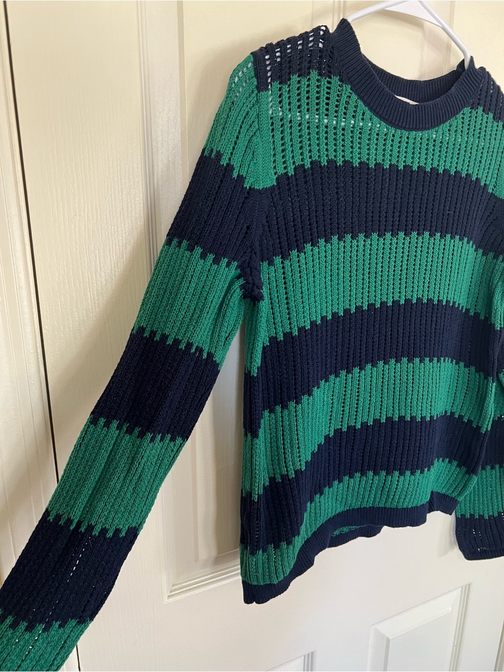LOFT Green & Navy Striped Open Knit Cotton Sweater Size Medium - Picture 4 of 9